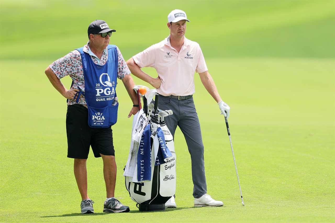 Harris English and his caddie on the golf course.