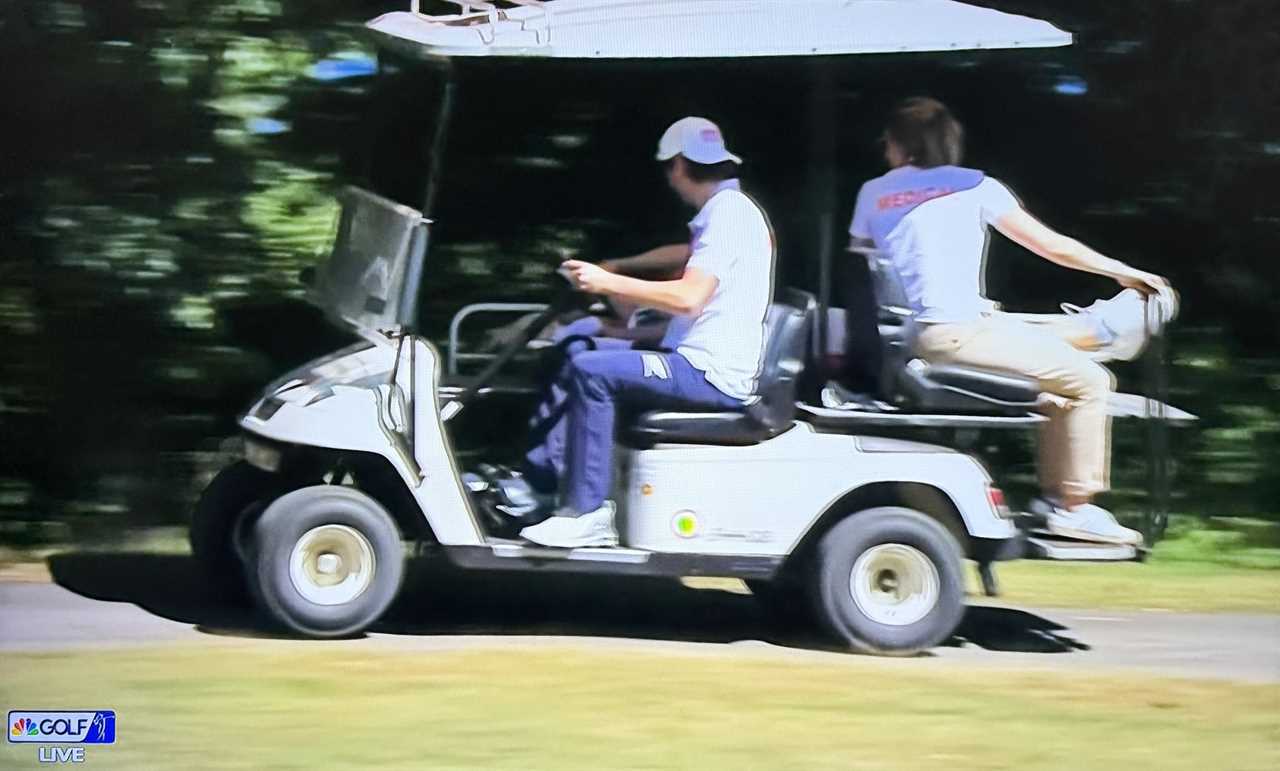 Charley Hull being carried off in a golf cart after collapsing twice during a tournament.