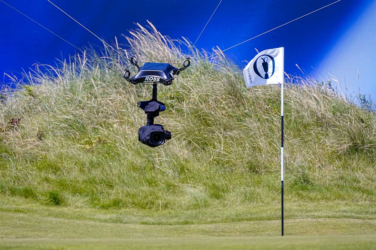Suspended camera system on golf course.