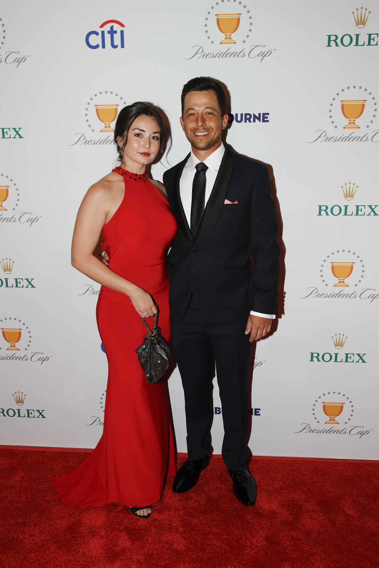 Xander Schauffele and Maya Lowe on the red carpet at the Presidents Cup.