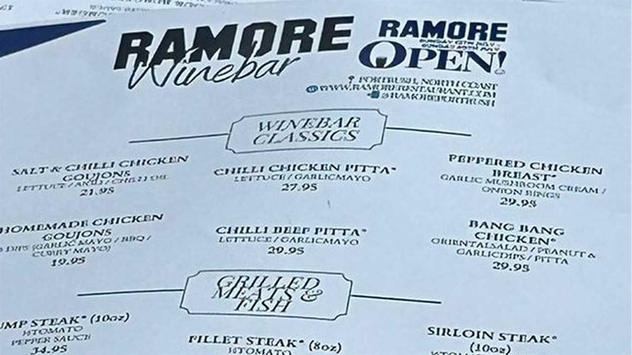 Ramore Winebar menu.