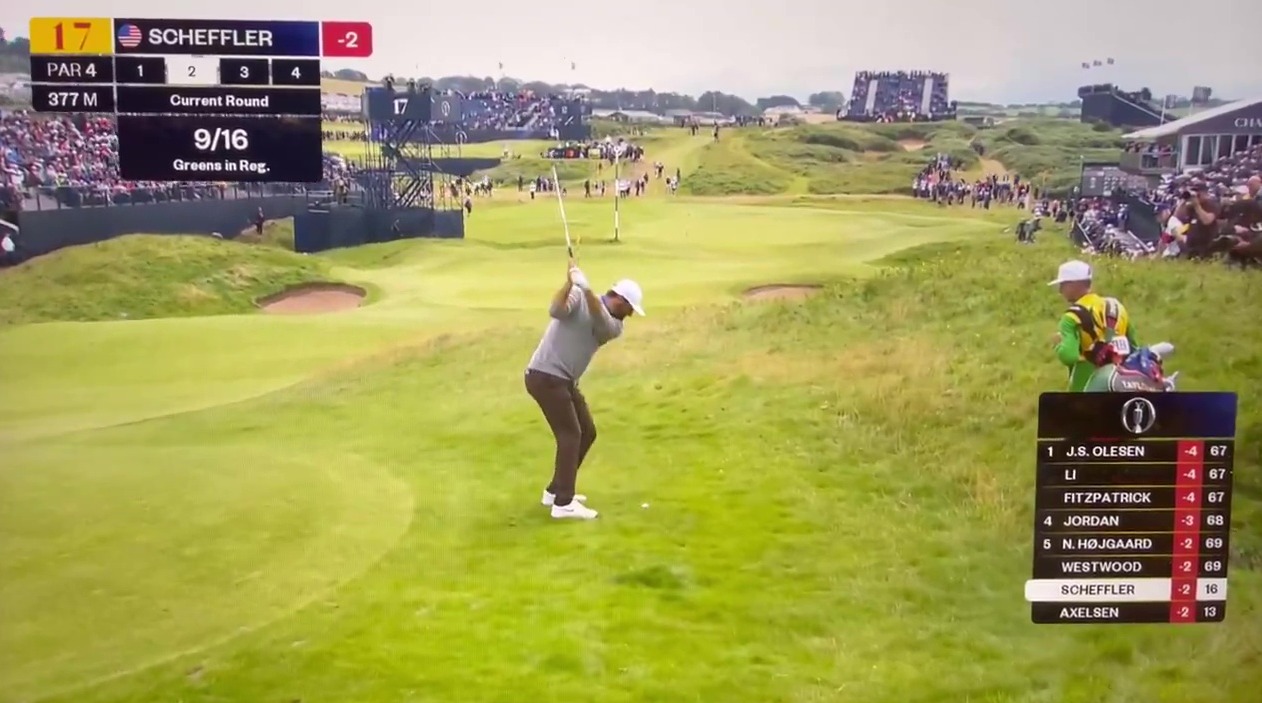 Golfer taking a shot on a golf course.