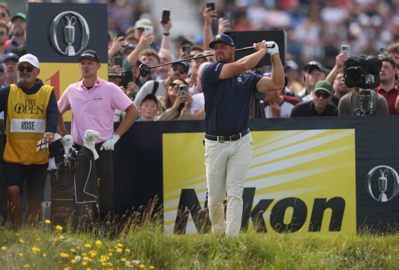 Bryson DeChambeau teeing off at the 14th hole during a golf tournament.