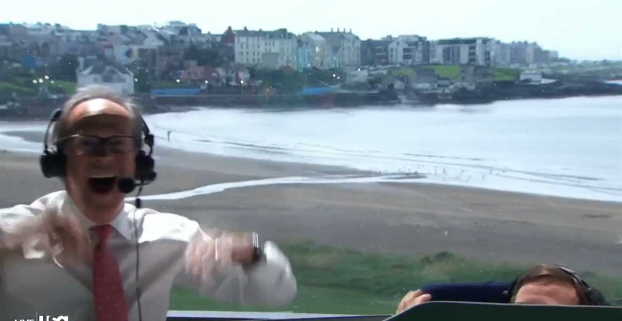 Excited sportscaster celebrating in front of a beach and seaside town.