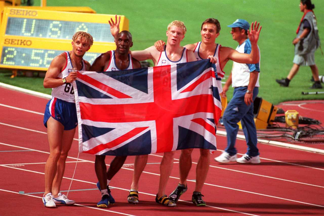 British 4x400m relay team celebrating their silver medal win.