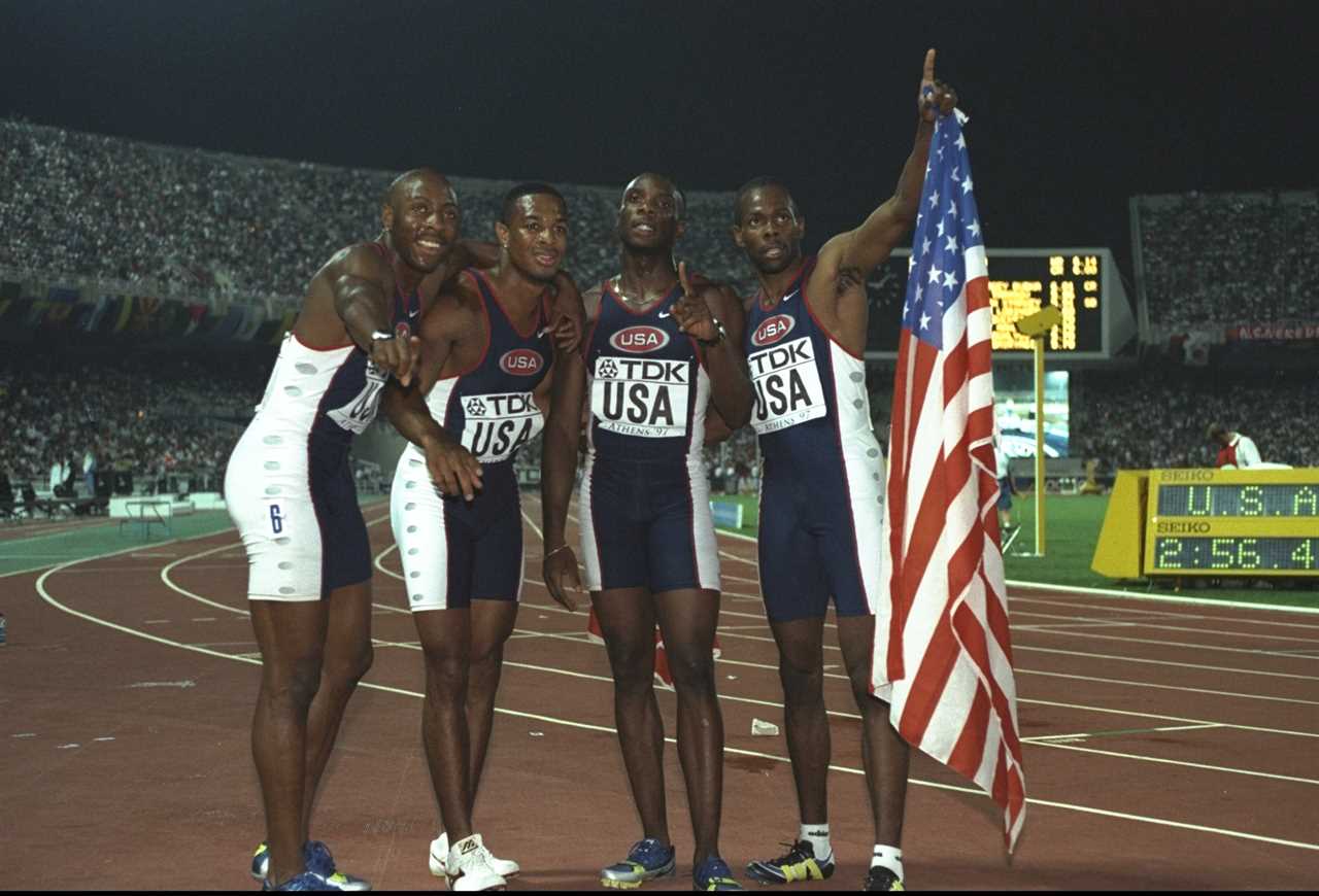 The U.S. men's 4x400 meter relay team celebrates their gold medal win at the World Championships.