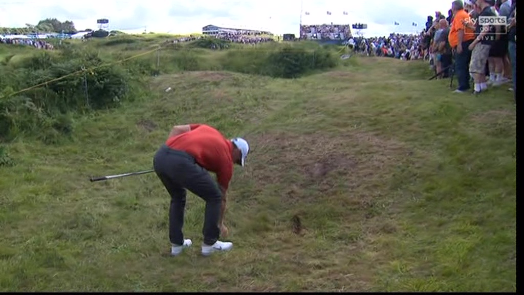 Golfer searching for his ball on a golf course.