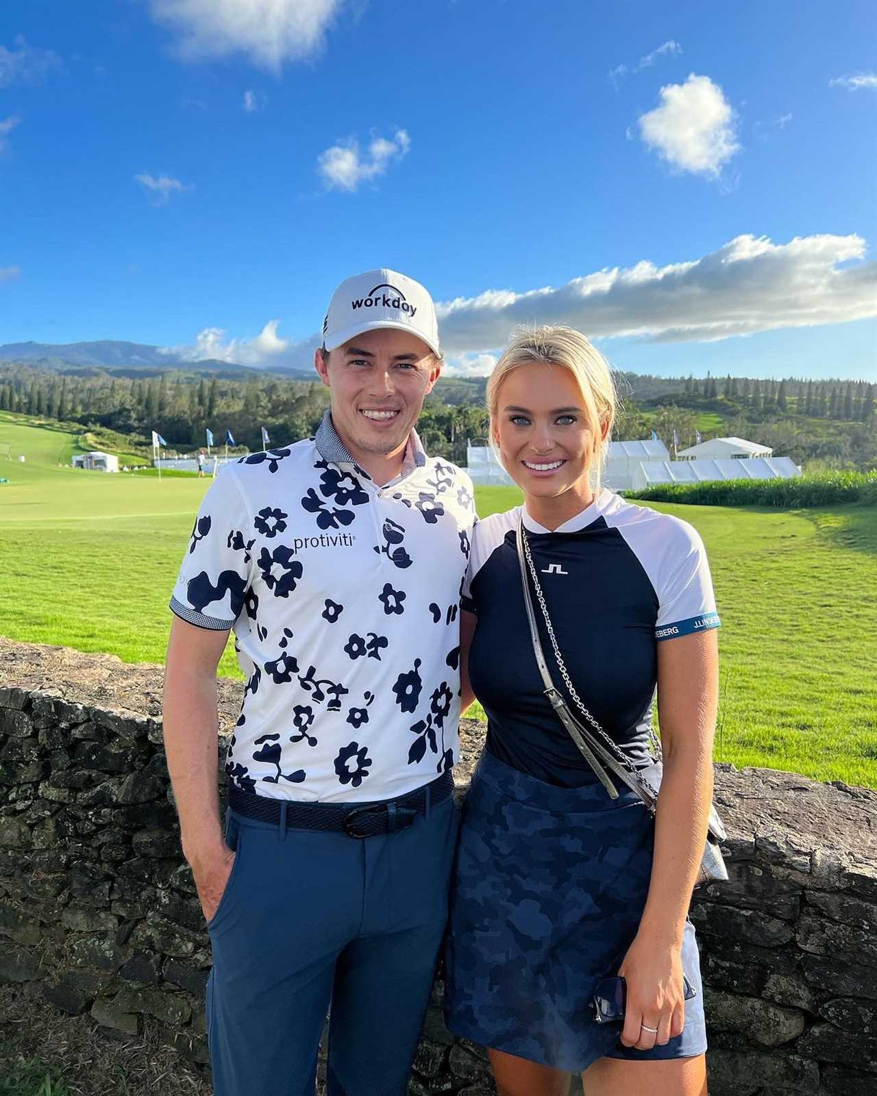 Matt Fitzpatrick and Katherine Gaal posing together at a golf course.