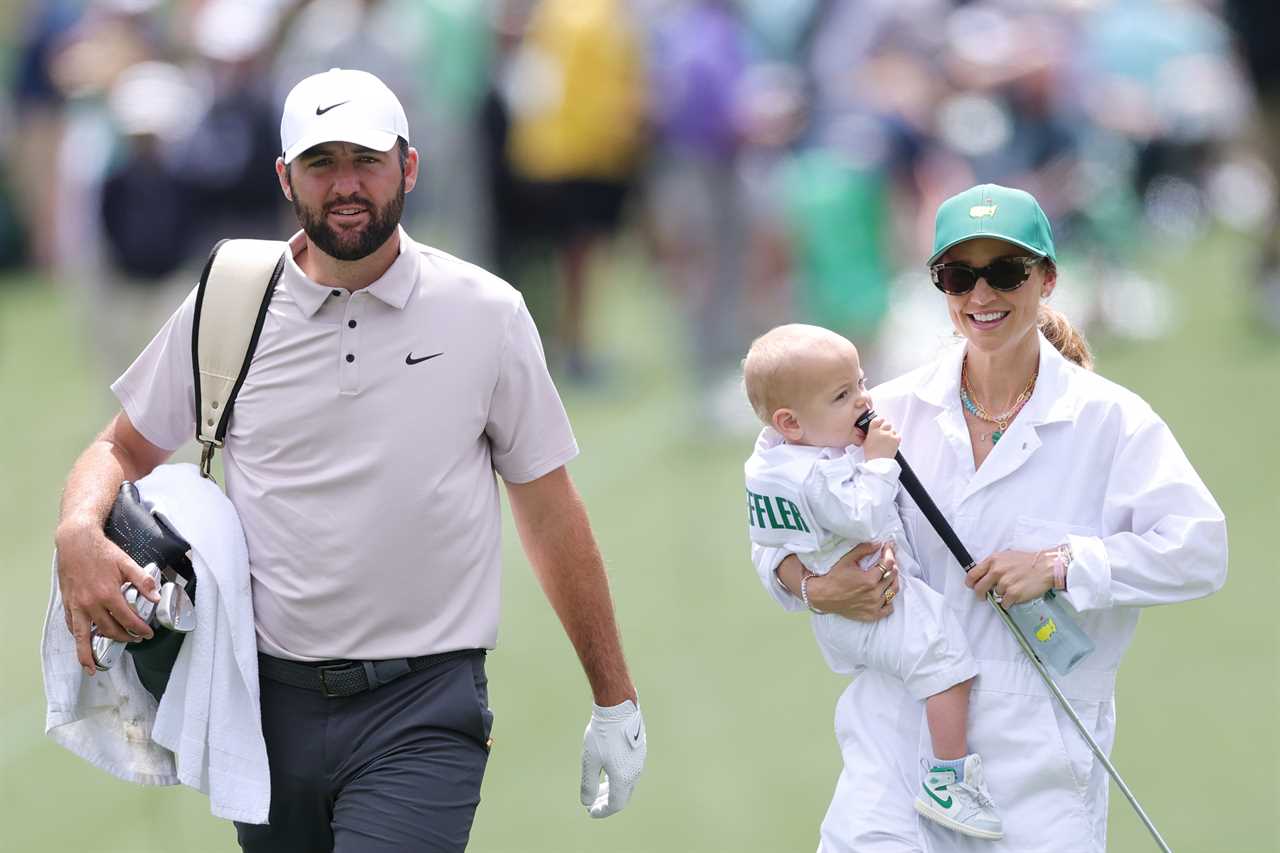 Scottie Scheffler, his wife, and son at a golf tournament.