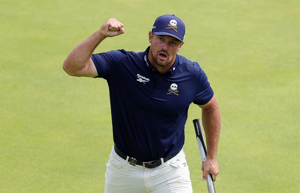Bryson DeChambeau celebrates on a golf course.