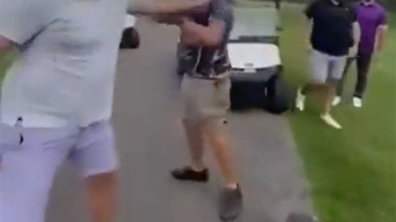 Moment fight breaks out at golf course ‘involving ex-NHL player’ as man is thrown into POND in wild brawl
