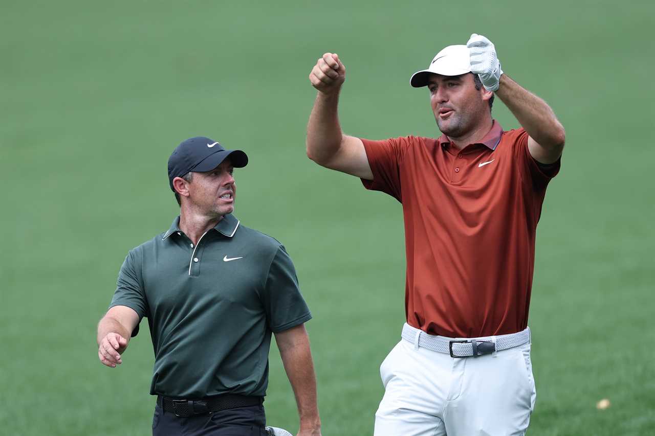 CHARLOTTE, NORTH CAROLINA - MAY 15: Rory McIlroy of Northern Ireland and Scottie Scheffler of the United States talk as they walk the 7th fairway during the first round of the PGA Championship at Quail Hollow Country Club on May 15, 2025 in Charlotte, North Carolina. (Photo by Warren Little/Getty Images)