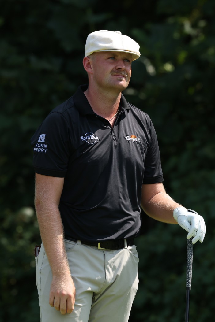 OWINGS MILLS, MARYLAND - AUGUST 17: Harry Hall of England reacts to a shot from the eighth tee during the final round of the BMW Championship 2025 at Caves Valley Golf Club on August 17, 2025 in Owings Mills, Maryland. (Photo by Andy Lyons/Getty Images)