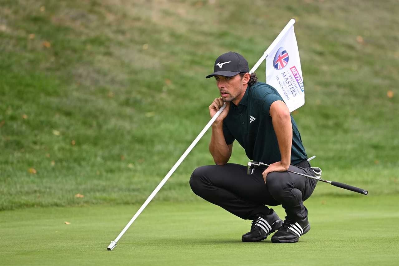 Marco Penge lines up a putt at the Betfred British Masters.
