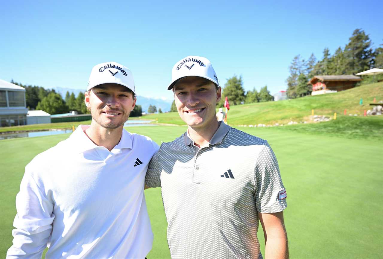 Rasmus Højgaard and Nicolai Højgaard, Danish golfers, at a practice round.